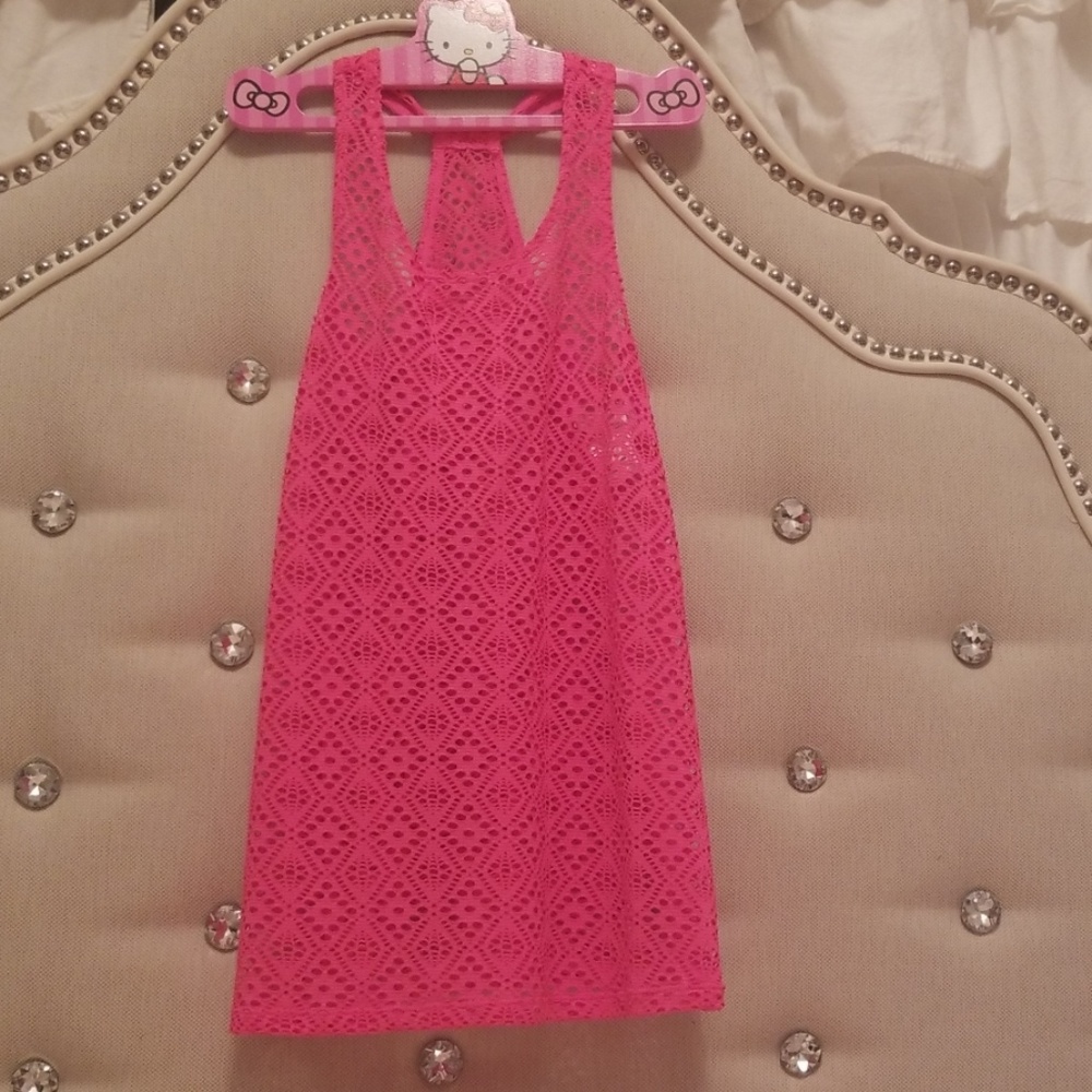 Hot Pink Swimsuit cover up with crocheted texture